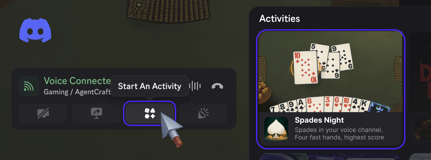In a Discord voice channel, press Start An Activity and pick Spades Night