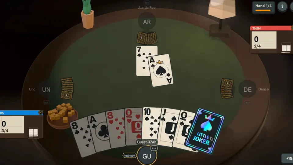 A Spades Night table: the Little Joker in your hand, the ace of spades on the felt.
